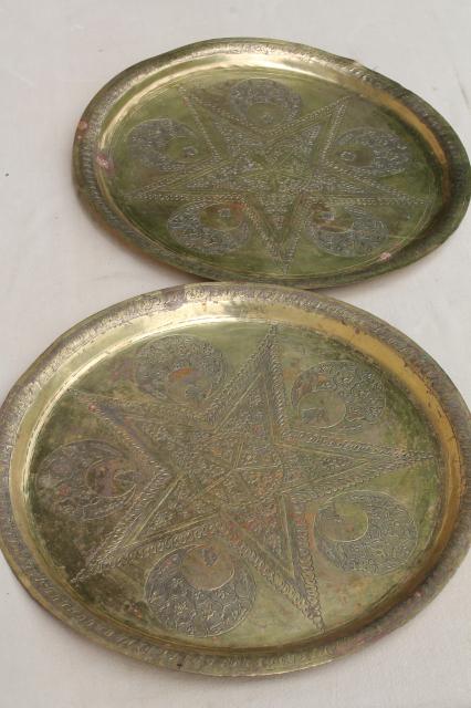 photo of vintage hand wrought hammered brass trays, star & crescent solid brass charger plates #1