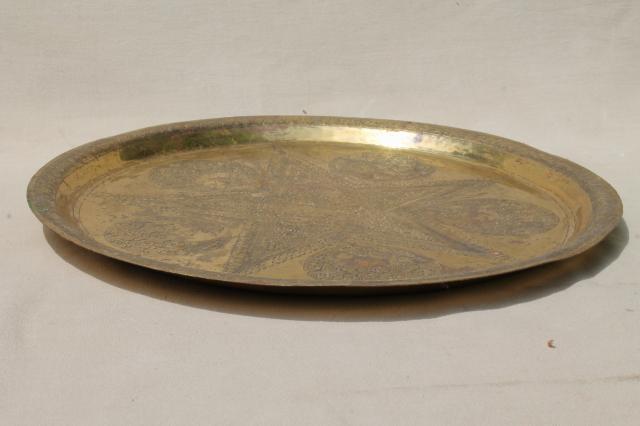 photo of vintage hand wrought hammered brass trays, star & crescent solid brass charger plates #2