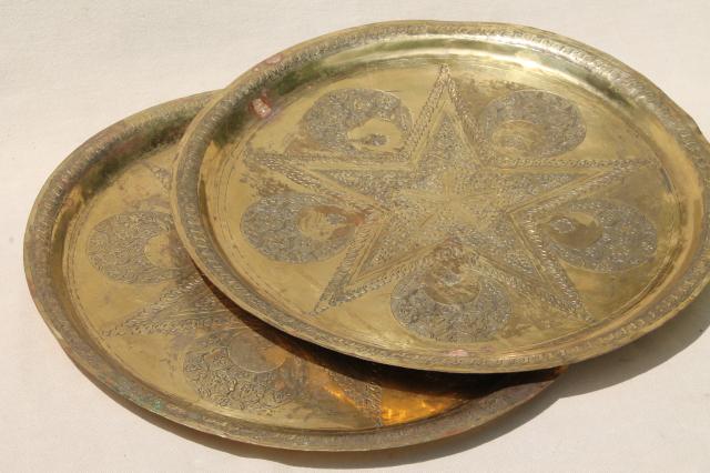 photo of vintage hand wrought hammered brass trays, star & crescent solid brass charger plates #3