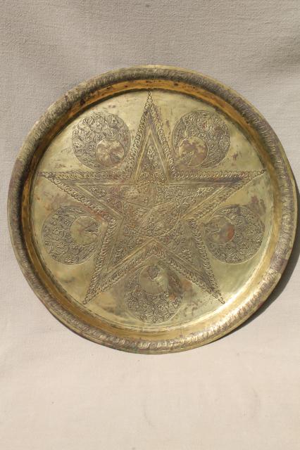 photo of vintage hand wrought hammered brass trays, star & crescent solid brass charger plates #5