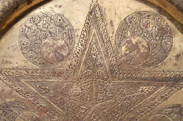 photo of vintage hand wrought hammered brass trays, star & crescent solid brass charger plates #6