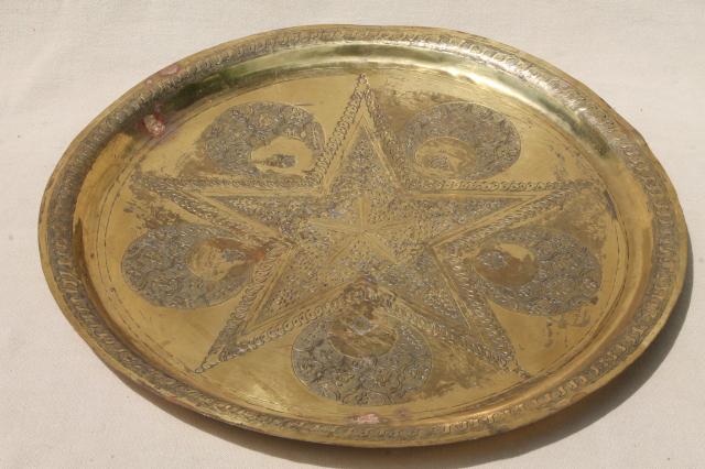 photo of vintage hand wrought hammered brass trays, star & crescent solid brass charger plates #7