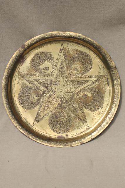 photo of vintage hand wrought hammered brass trays, star & crescent solid brass charger plates #8