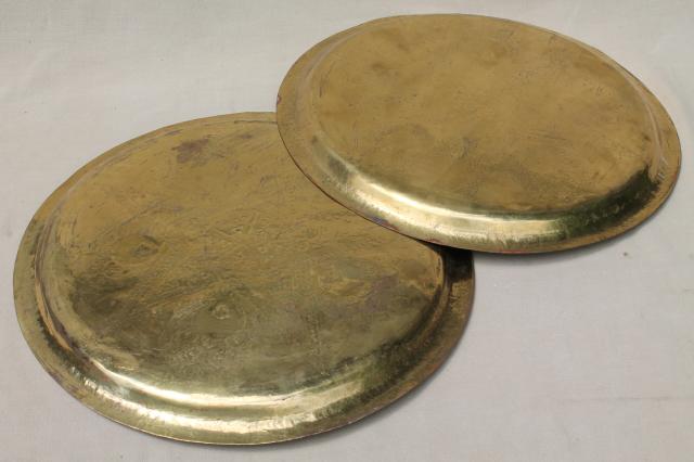 photo of vintage hand wrought hammered brass trays, star & crescent solid brass charger plates #10