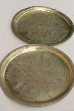 catalog photo of vintage hand wrought hammered brass trays, star & crescent solid brass charger plates