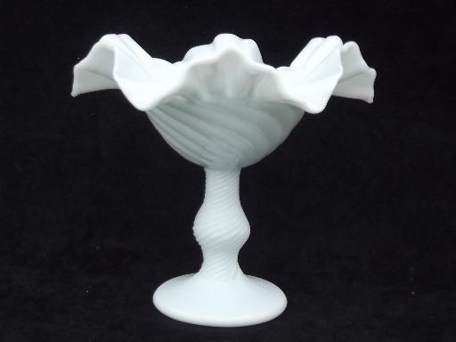 photo of vintage handblown milk glass compote dish, ribbed swirl blown glass #1