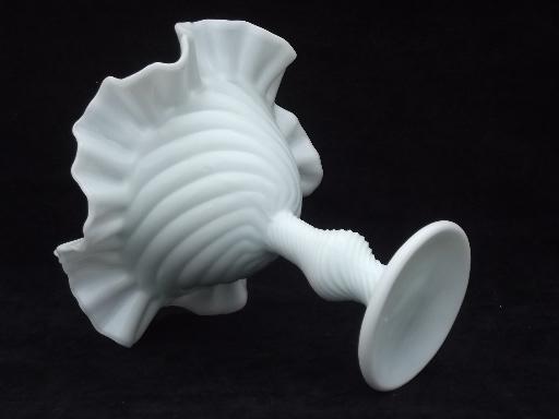 photo of vintage handblown milk glass compote dish, ribbed swirl blown glass #3