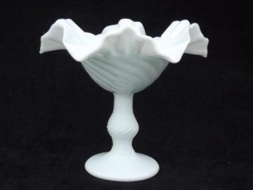 catalog photo of vintage handblown milk glass compote dish, ribbed swirl blown glass