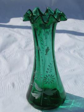 catalog photo of vintage hand-blown ruffle edge forest green glass vase, enamel painted flowers