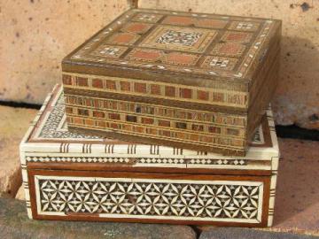 catalog photo of vintage handcrafted wood jewelry chests, incense boxes from Syria