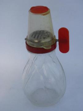 catalog photo of vintage hand-crank nut grinder, 1950s red plastic w/ glass jar, old kitchen utensil