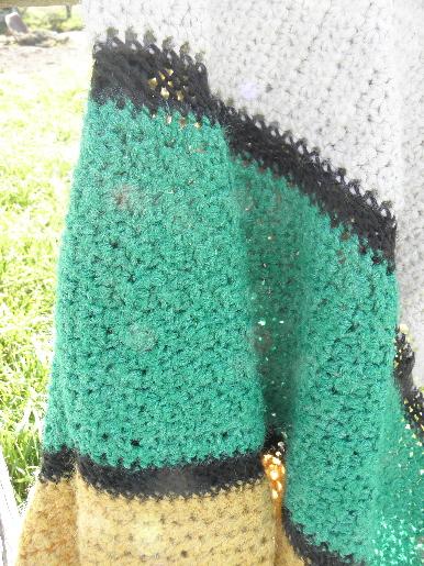 photo of vintage hand-crocheted afghan throw blanket, teal green, gold, ivory #2