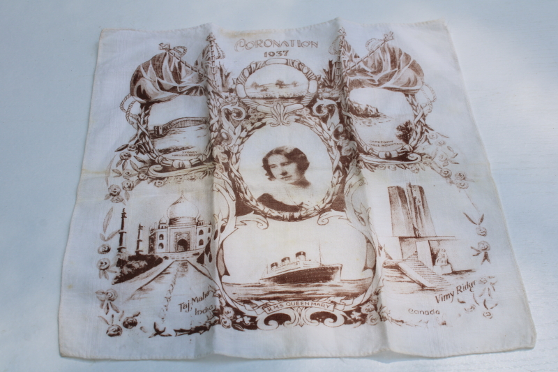 photo of vintage handkerchief 1937 Coronation Queen Mary sepia tone photo print England souvenir #1