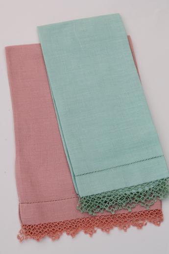 photo of vintage handkerchief linen towels w/ tatted lace edging, pretty pastel powder room towels #1