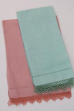 catalog photo of vintage handkerchief linen towels w/ tatted lace edging, pretty pastel powder room towels