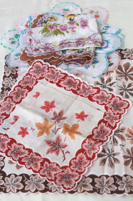 photo of vintage handkerchiefs lot, autumn leaves & floral prints, printed cotton hankies #1