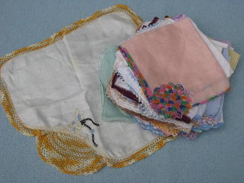 photo of vintage handkerchiefs lot, colored crochet cotton lace trimmed hankies #1