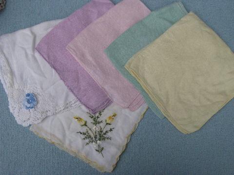 photo of vintage handkerchiefs lot, colored crochet cotton lace trimmed hankies #3