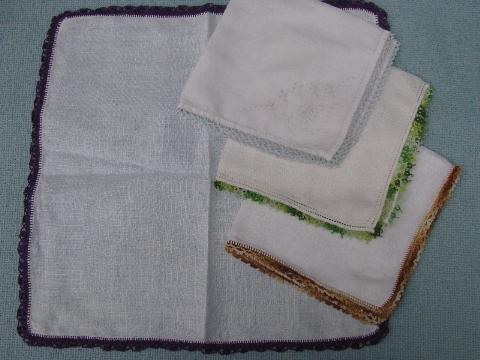 photo of vintage handkerchiefs lot, colored crochet cotton lace trimmed hankies #4