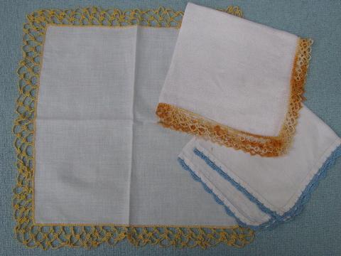 photo of vintage handkerchiefs lot, colored crochet cotton lace trimmed hankies #8
