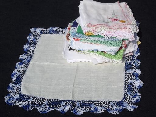 photo of vintage handkerchiefs lot, colored crochet cotton lace trimmed hankies #1