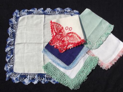 photo of vintage handkerchiefs lot, colored crochet cotton lace trimmed hankies #2