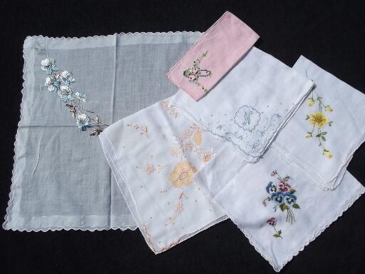 photo of vintage handkerchiefs lot, colored crochet cotton lace trimmed hankies #3