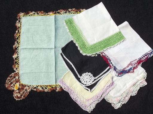 photo of vintage handkerchiefs lot, colored crochet cotton lace trimmed hankies #4