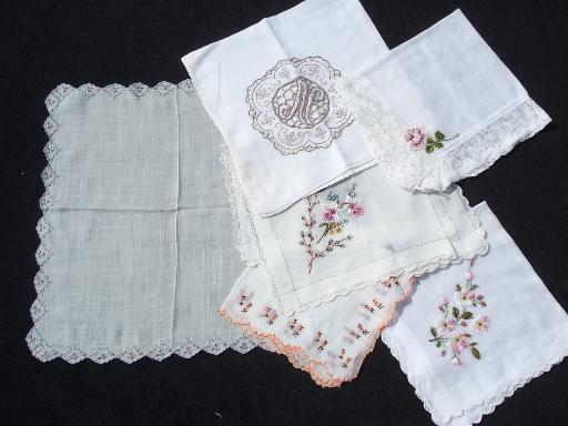 photo of vintage handkerchiefs lot, colored crochet cotton lace trimmed hankies #5