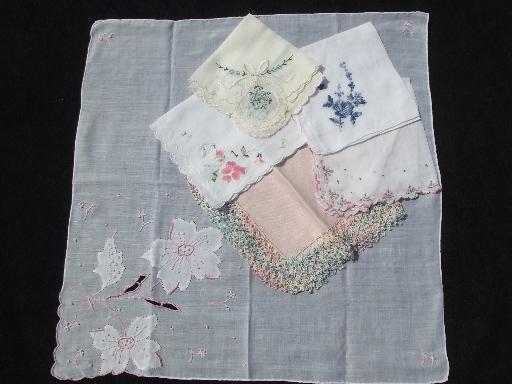 photo of vintage handkerchiefs lot, colored crochet cotton lace trimmed hankies #6