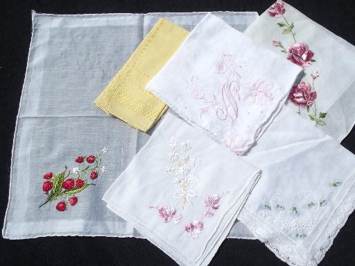 photo of vintage handkerchiefs lot, colored crochet cotton lace trimmed hankies #7
