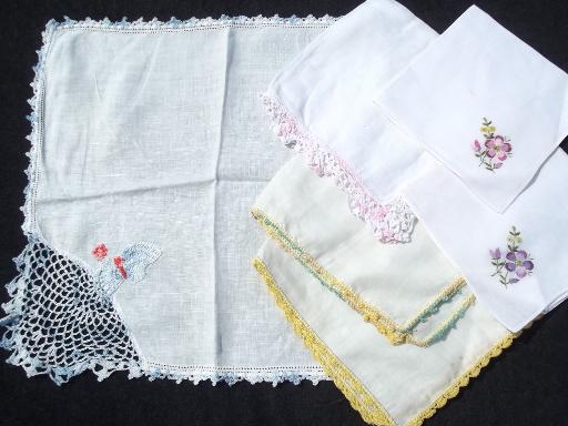 photo of vintage handkerchiefs lot, colored crochet cotton lace trimmed hankies #8