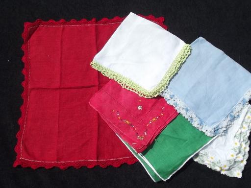 photo of vintage handkerchiefs lot, colored crochet cotton lace trimmed hankies #9