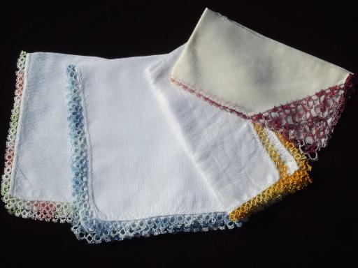 photo of vintage handkerchiefs lot, cotton crochet lace hankies in pastel colors #2