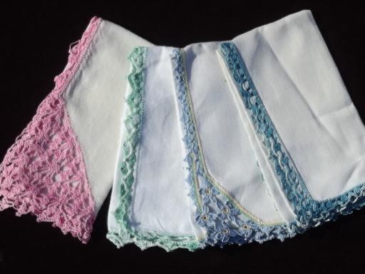 photo of vintage handkerchiefs lot, cotton crochet lace hankies in pastel colors #3