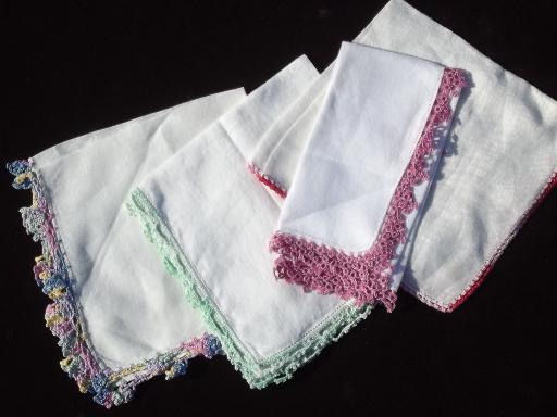 photo of vintage handkerchiefs lot, cotton crochet lace hankies in pastel colors #4