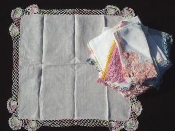 catalog photo of vintage handkerchiefs lot, cotton crochet lace hankies in pastel colors