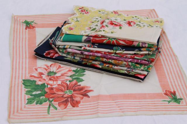 photo of vintage handkerchiefs lot - floral prints, spring flowers, bouquet of roses - printed cotton hankies #1
