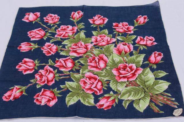 photo of vintage handkerchiefs lot - floral prints, spring flowers, bouquet of roses - printed cotton hankies #5