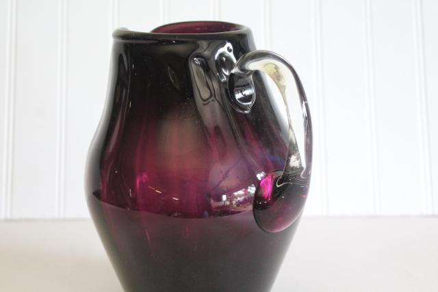 photo of vintage handmade Mexican glass pitcher, amethyst purple wine jug hand blown glass #2