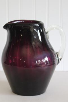 catalog photo of vintage handmade Mexican glass pitcher, amethyst purple wine jug hand blown glass