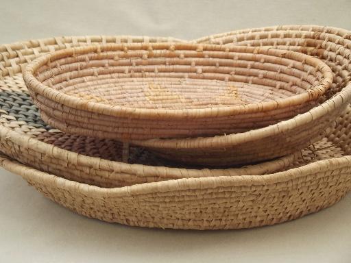 photo of vintage handmade baskets, lot of coiled basket bowls and trays #1