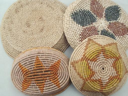 photo of vintage handmade baskets, lot of coiled basket bowls and trays #2