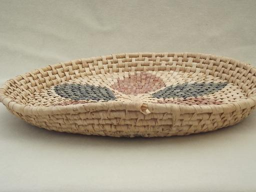 photo of vintage handmade baskets, lot of coiled basket bowls and trays #6