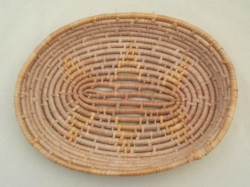 photo of vintage handmade baskets, lot of coiled basket bowls and trays #7