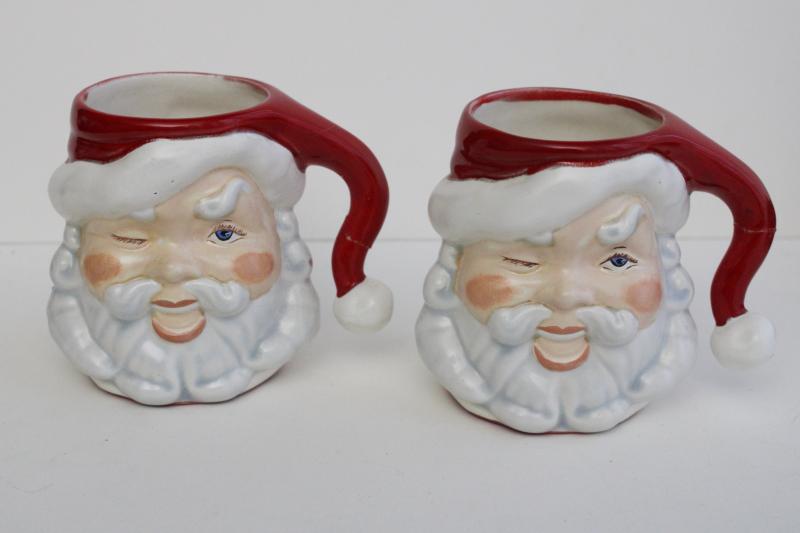 photo of vintage handmade ceramic Santa mugs, winking Santas, retro Christmas decor #2