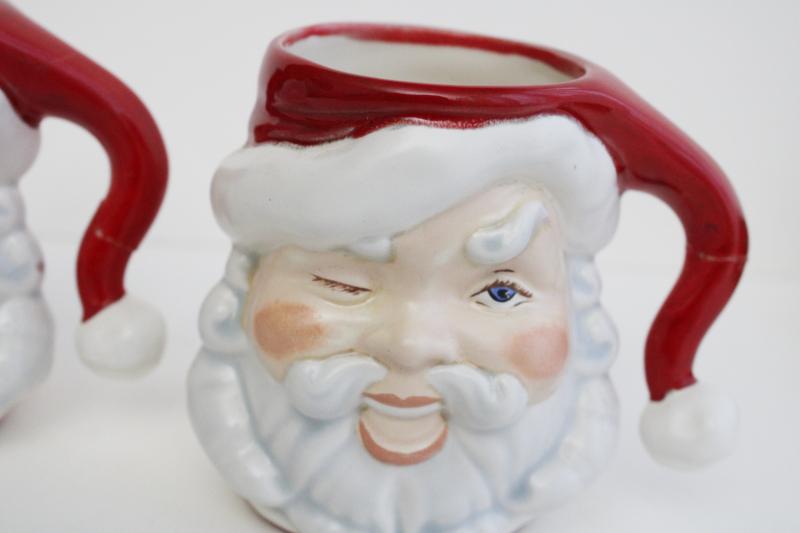 photo of vintage handmade ceramic Santa mugs, winking Santas, retro Christmas decor #3