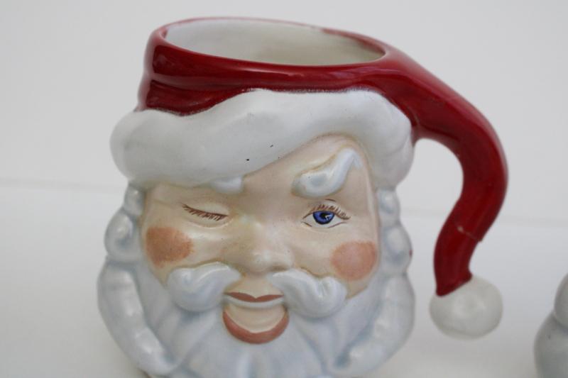 photo of vintage handmade ceramic Santa mugs, winking Santas, retro Christmas decor #4