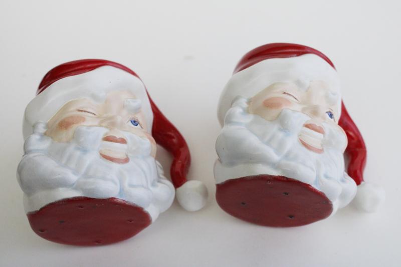 photo of vintage handmade ceramic Santa mugs, winking Santas, retro Christmas decor #7