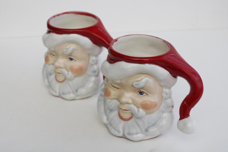 photo of vintage handmade ceramic Santa mugs, winking Santas, retro Christmas decor #9